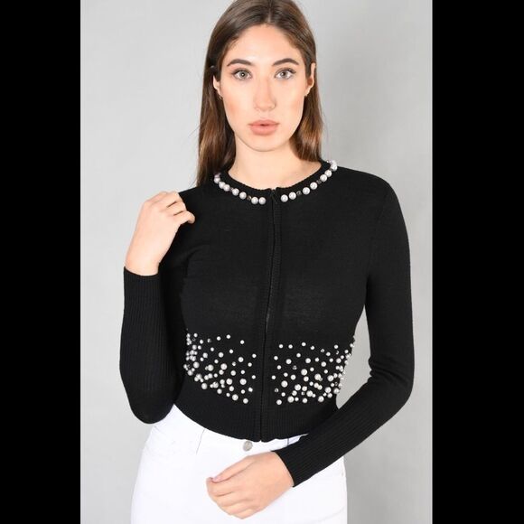Nanette Lepore Carnival Pearl & Rhinestone Embellished Black Wool Cardigan US S - Picture 11 of 14
